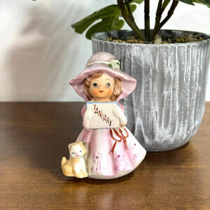 Vintage January Birthday Girl Figurine with Kitty Miniature Knick Knack 3.5" H